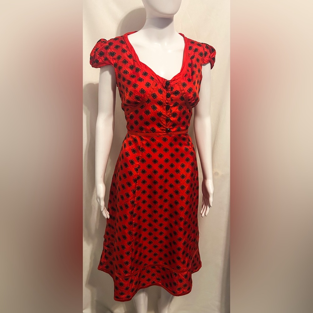 Rare Vintage Marc Jacobs Sz 6 100% Silk Red FloralPuff Sleeve Midi Dress Retro - Picture 1 of 9